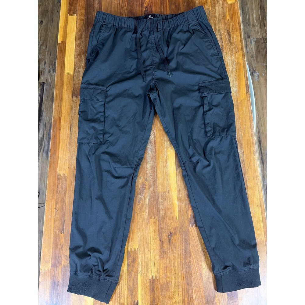 HM Mens Slim Fit Cargo Joggers Black Elastic Waist Pants Large O/N 103802